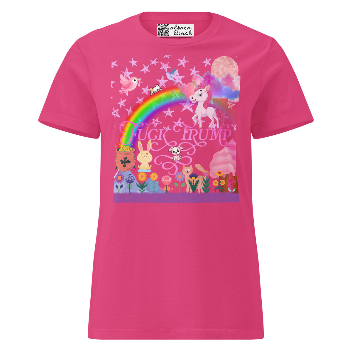 Fuck Trump Rainbow women’s tee in Heliconia, front view