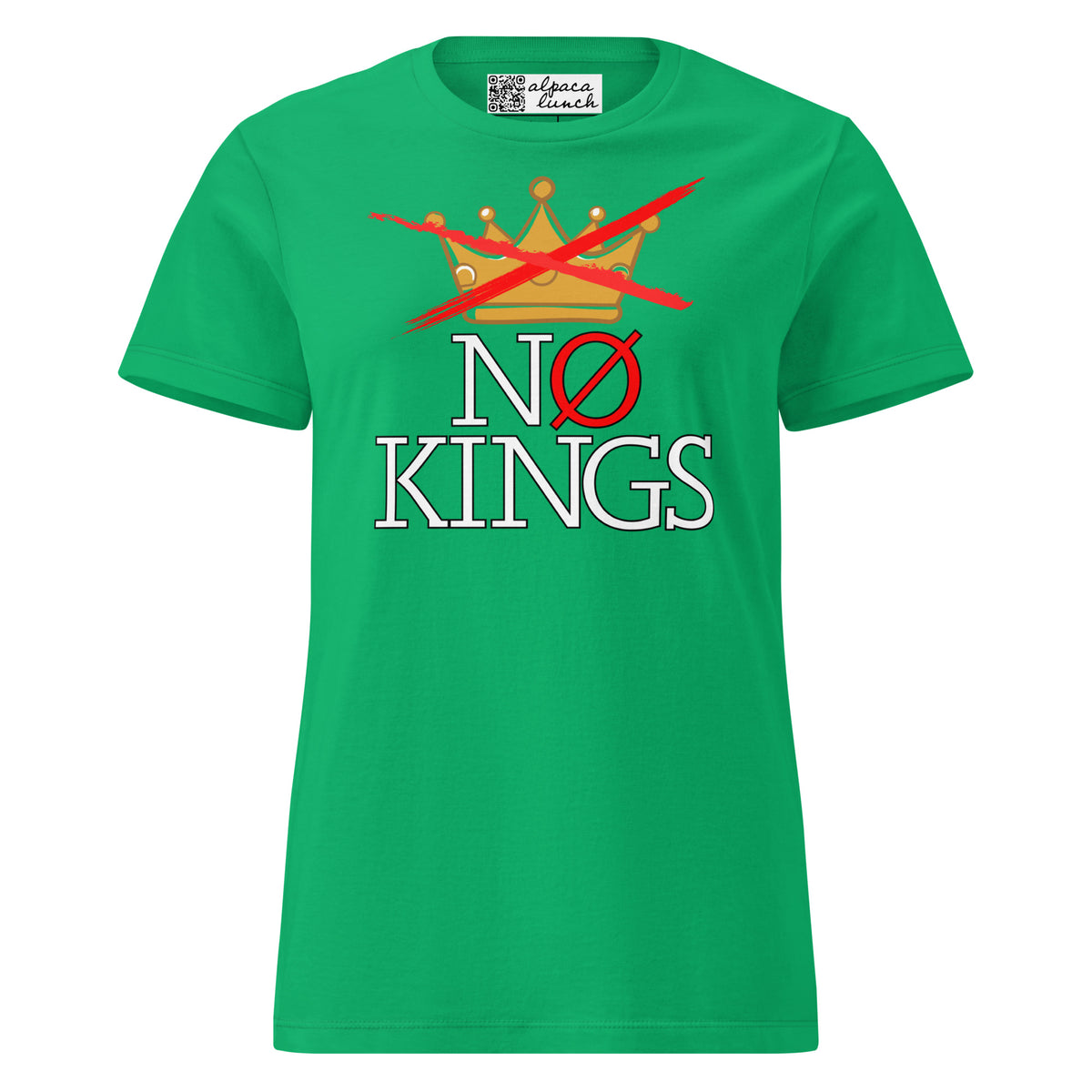 No Kings Crown women’s tee in Irish Green, front view