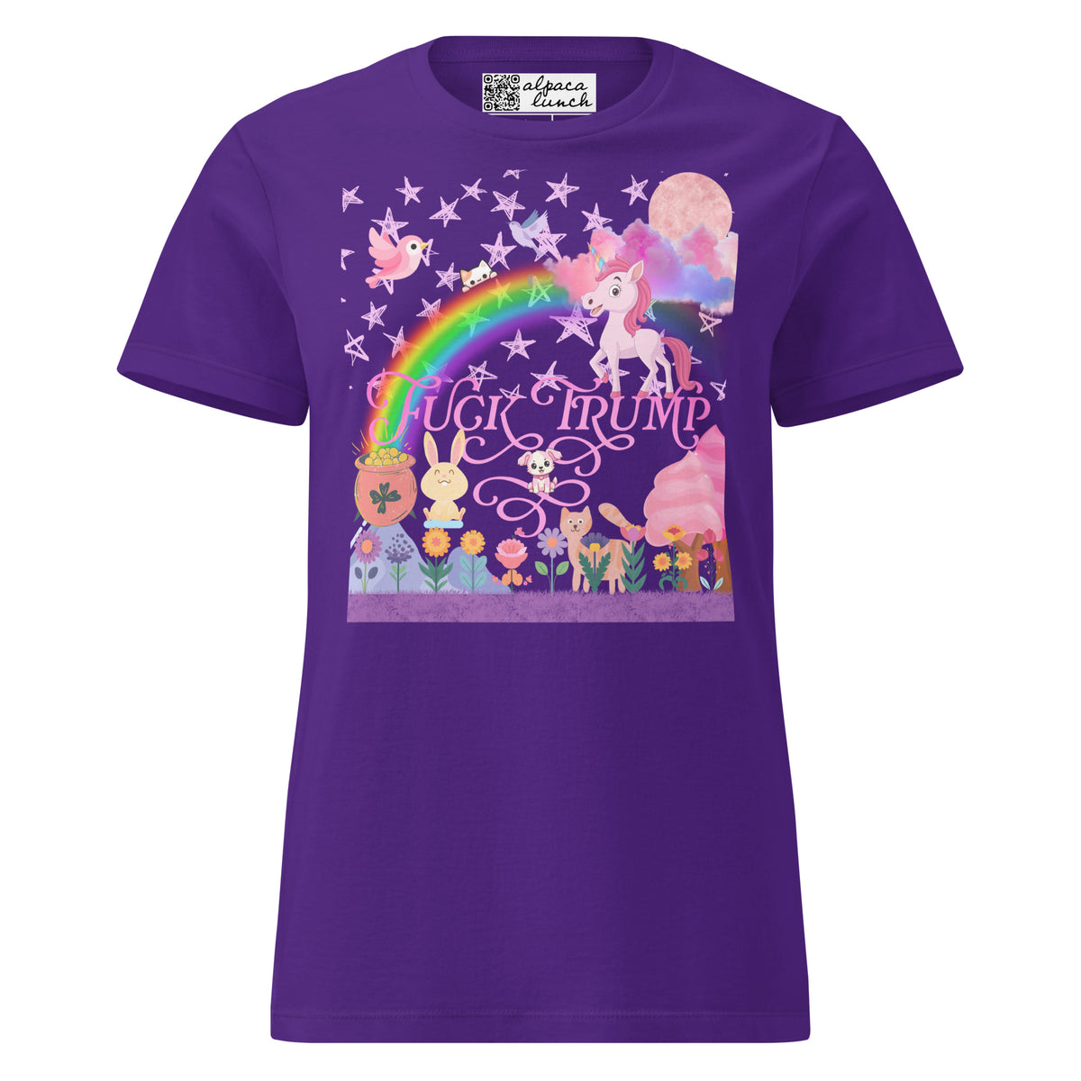 Fuck Trump Rainbow women’s tee in Purple, front view