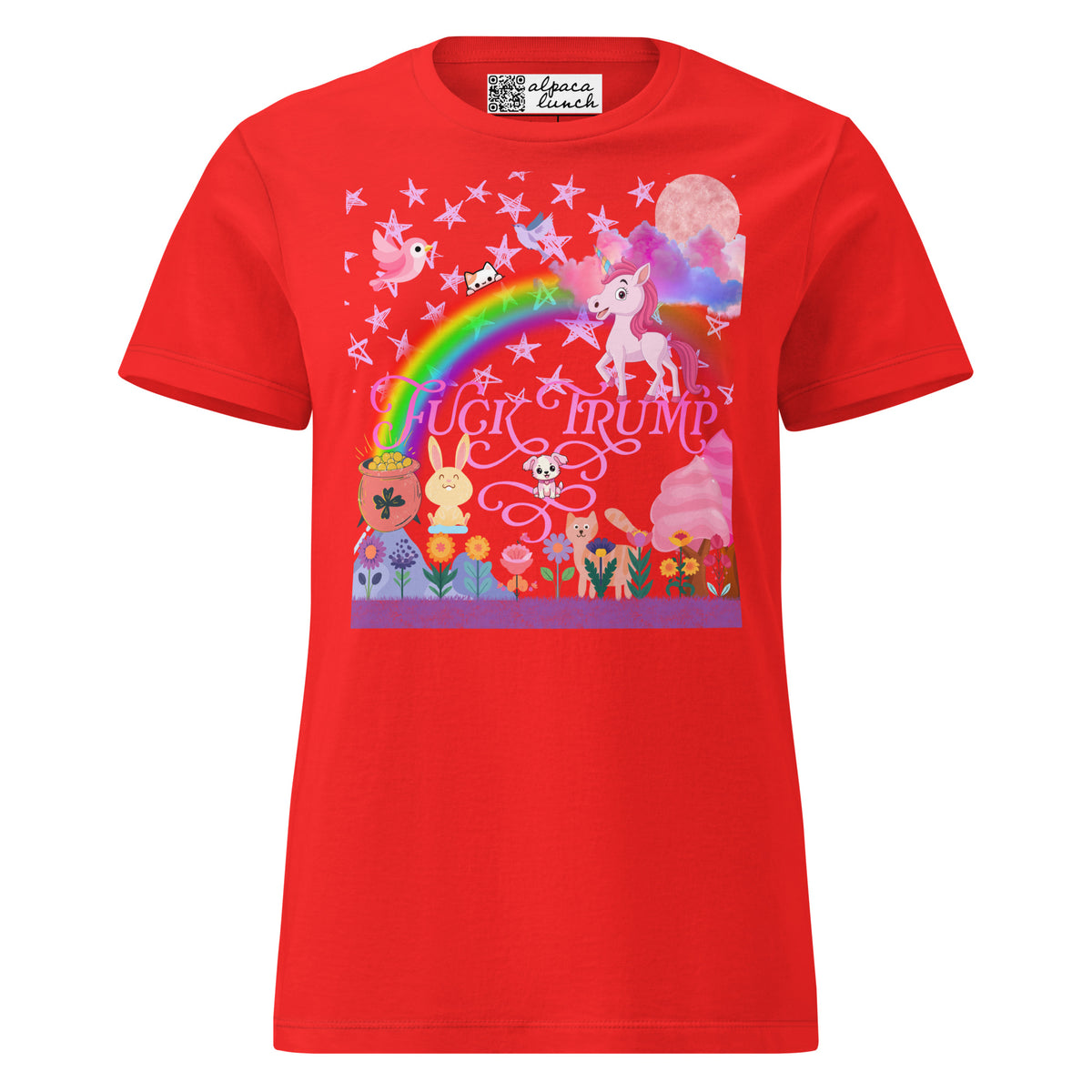 Fuck Trump Rainbow women’s tee in Red, front view