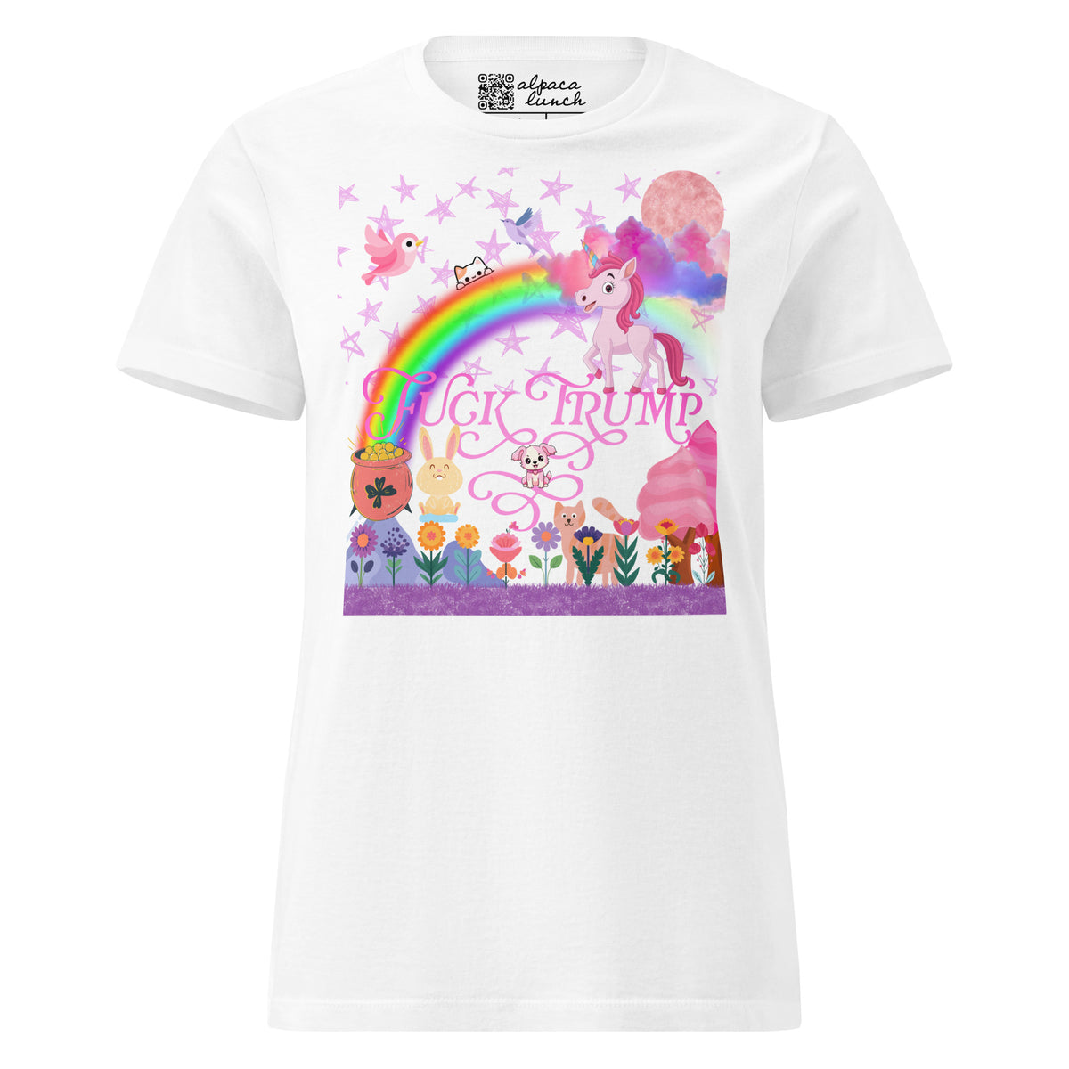 Fuck Trump Rainbow women’s tee in White, front view