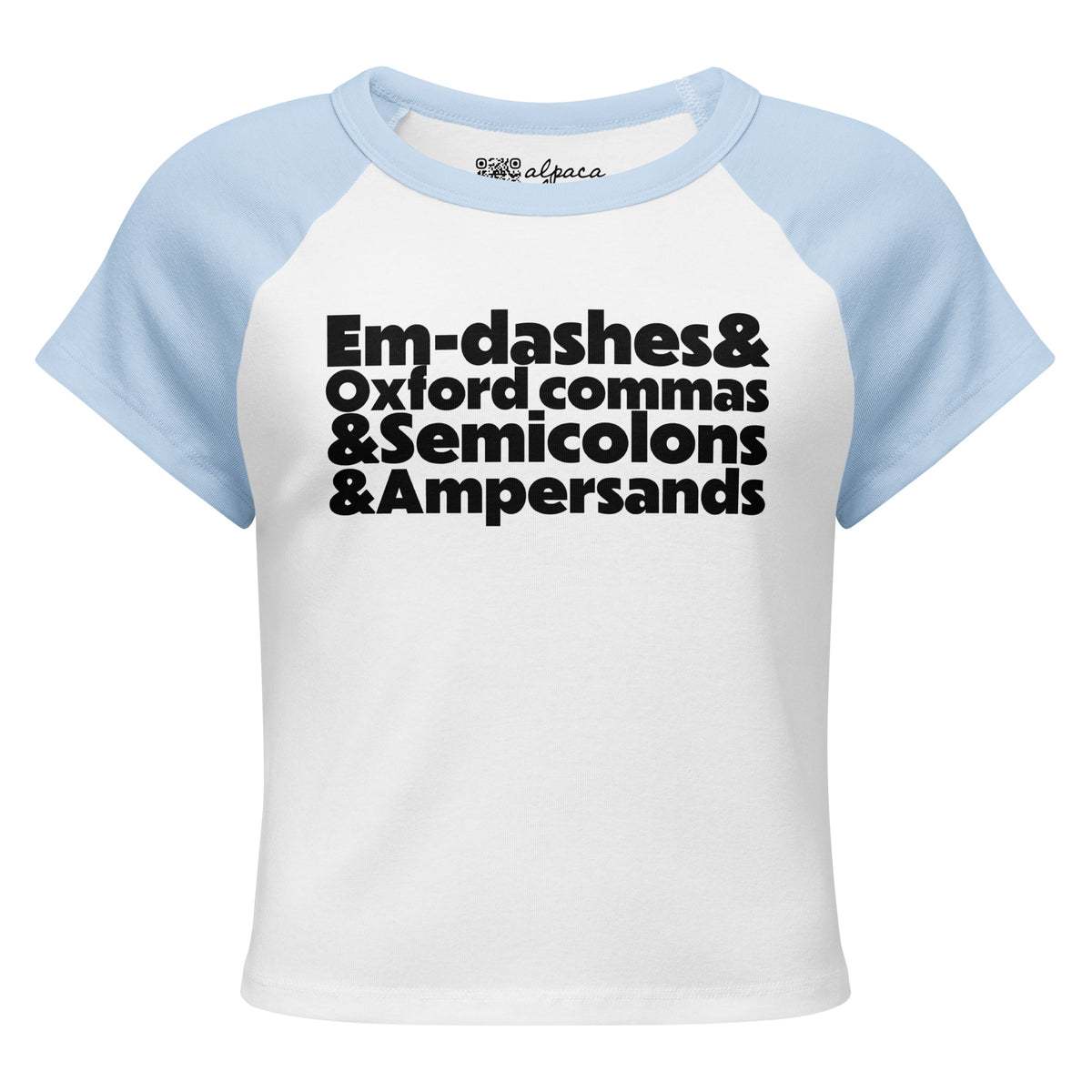 E&O&S&A baby tee in White/Baby Blue, front view