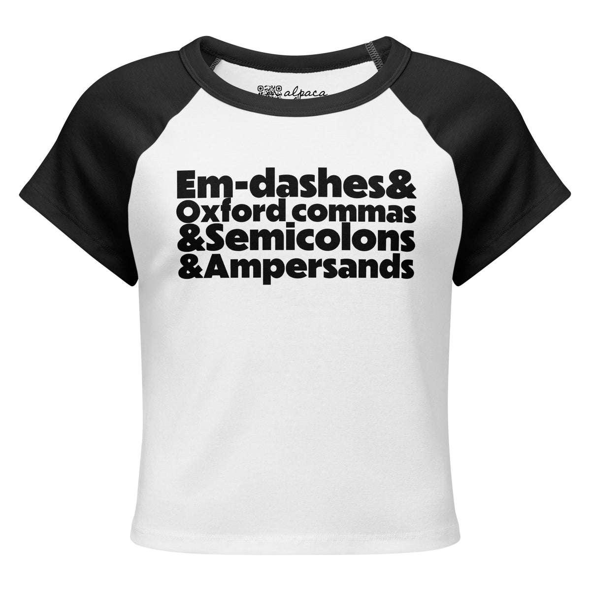 E&O&S&A baby tee in White/Black, front view