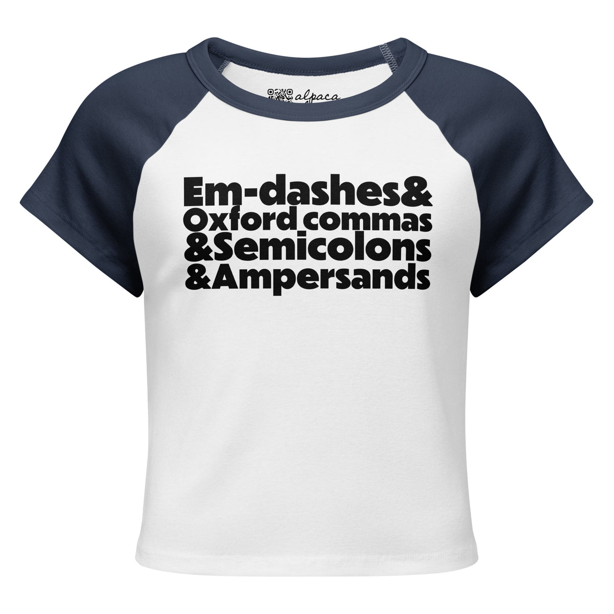 E&O&S&A baby tee in White/Navy, front view