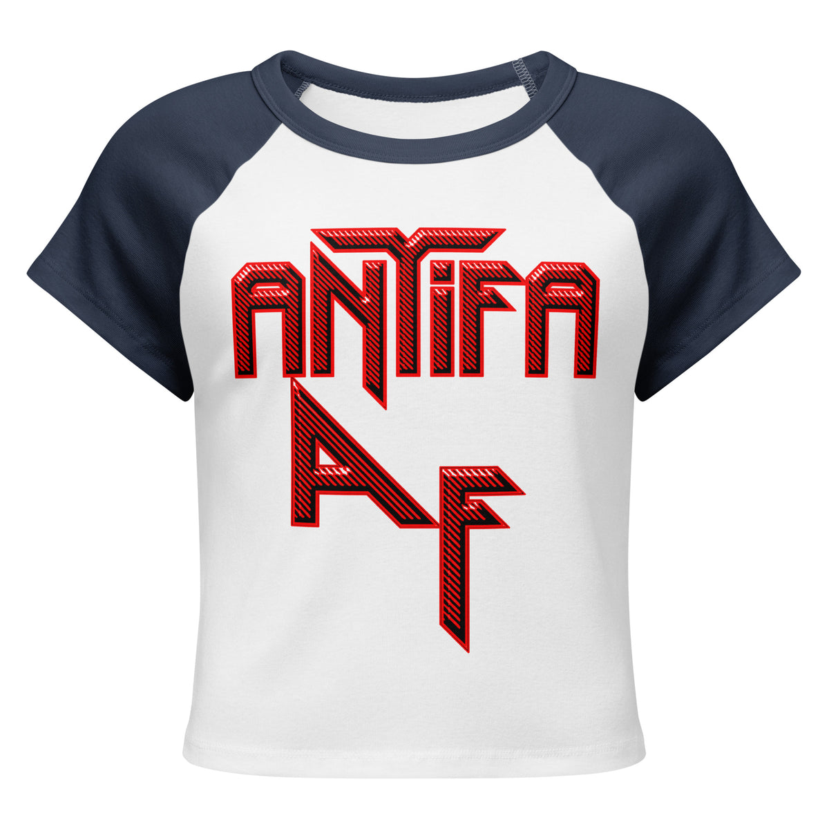 ANTIFA AF baby tee in White/Navy, front view
