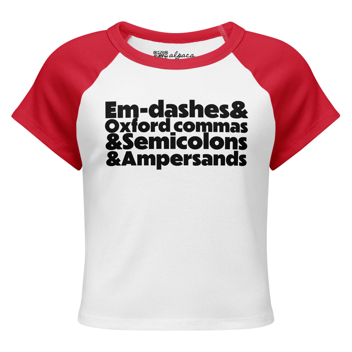 E&O&S&A baby tee in White/Red, front view