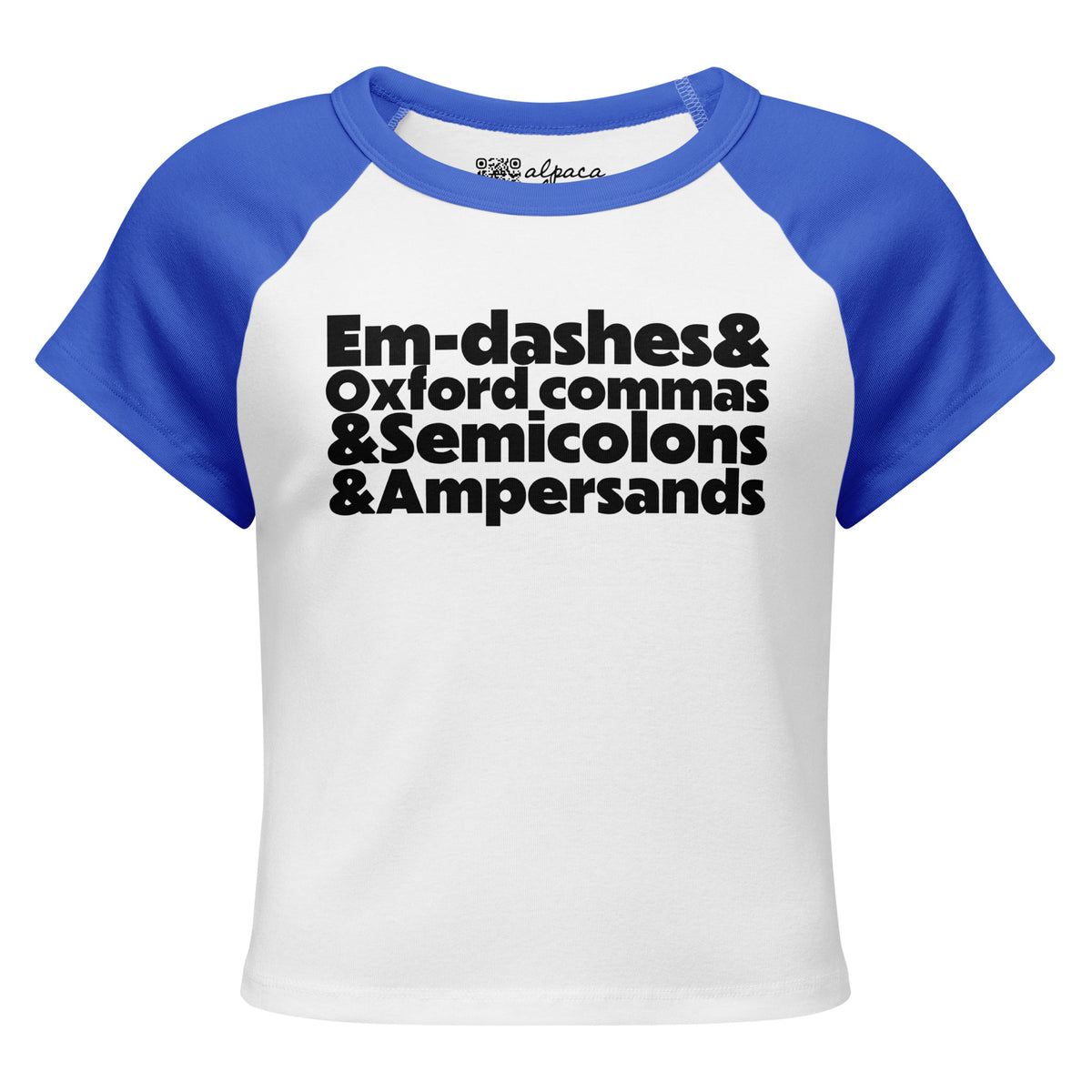 E&O&S&A baby tee in White /True Royal, front view