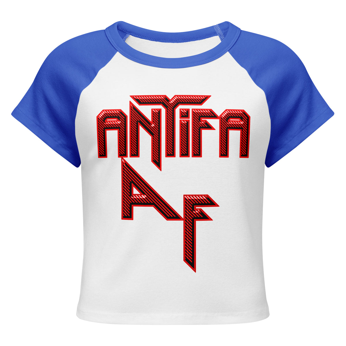ANTIFA AF baby tee in White /True Royal, front view