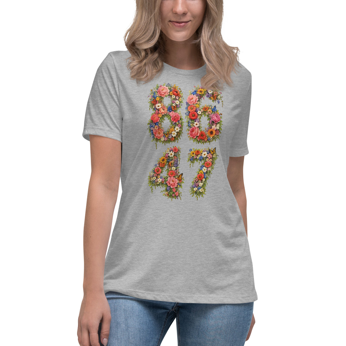 8647 Flowers women’s relaxed tee in Athletic Heather, front view