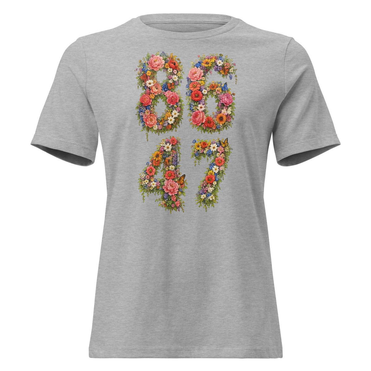 8647 Flowers women’s relaxed tee in Athletic Heather, front view