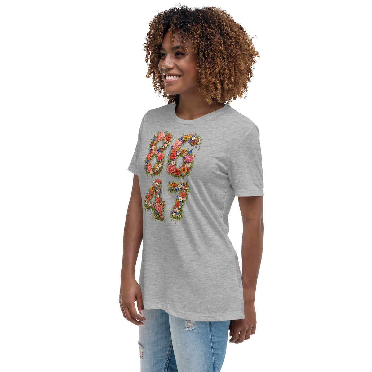 8647 Flowers women’s relaxed tee in Athletic Heather, left front view