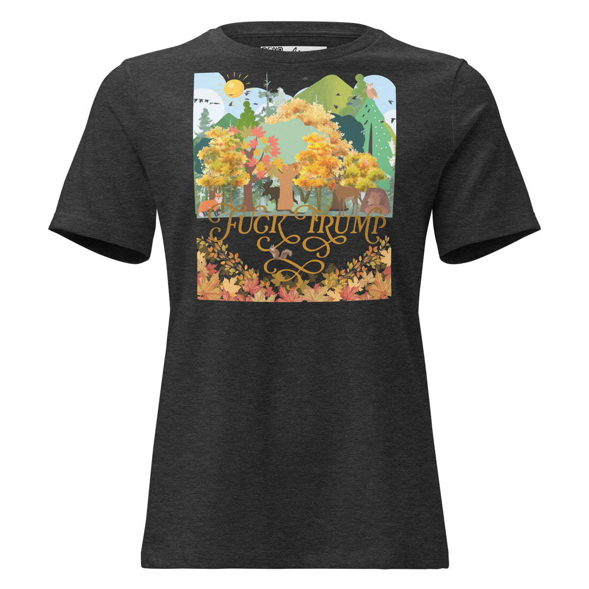 Fuck Trump Forest women’s relaxed tee in Dark Grey Heather, front view