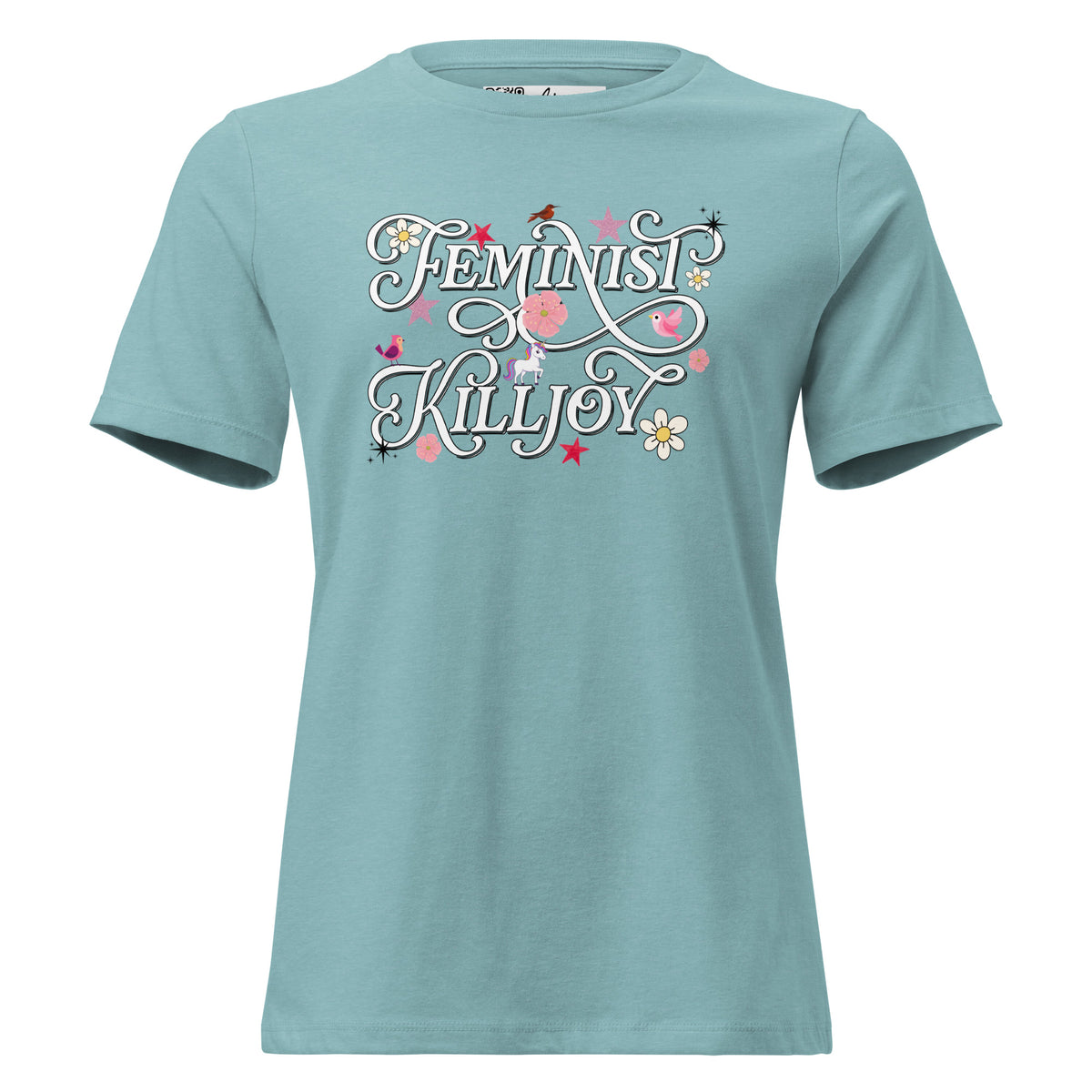Feminist Killjoy women’s relaxed tee in Heather Blue Lagoon, front view