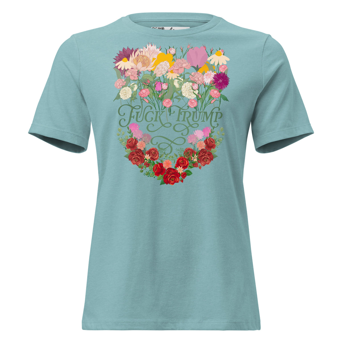 Fuck Trump Flowers women’s relaxed tee in Heather Blue Lagoon, front view