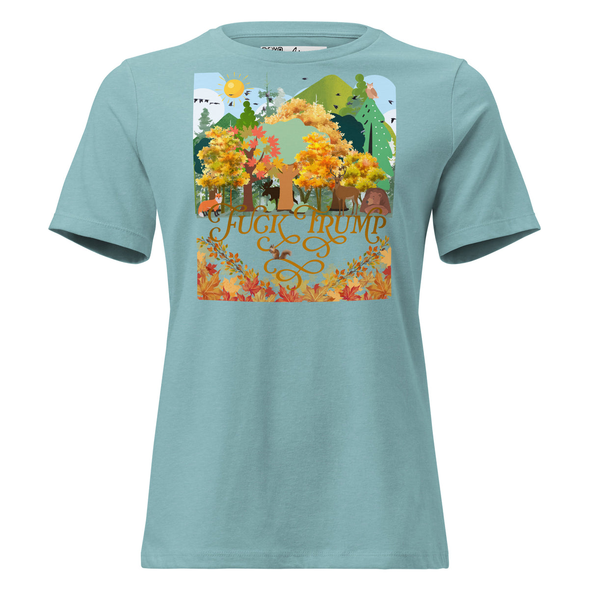 Fuck Trump Forest women’s relaxed tee in Heather Blue Lagoon, front view