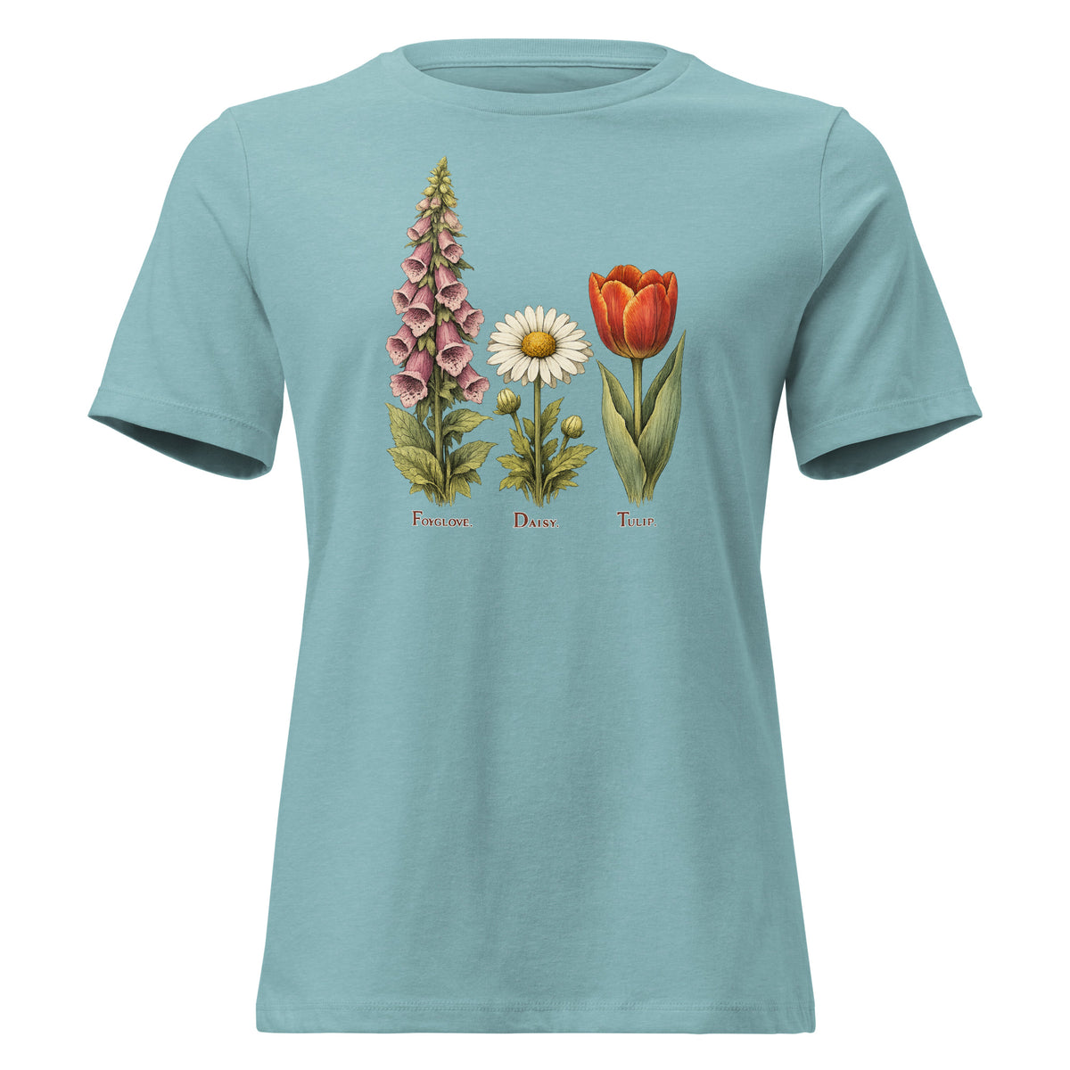 F.D.T. Botanical Study women’s relaxed tee in Heather Blue Lagoon, front view