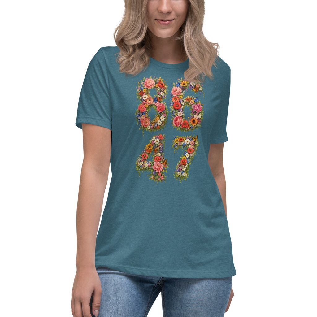 8647 Flowers women’s relaxed tee in Heather Deep Teal, front view