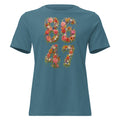 8647 Flowers women’s relaxed tee in Heather Deep Teal, front view