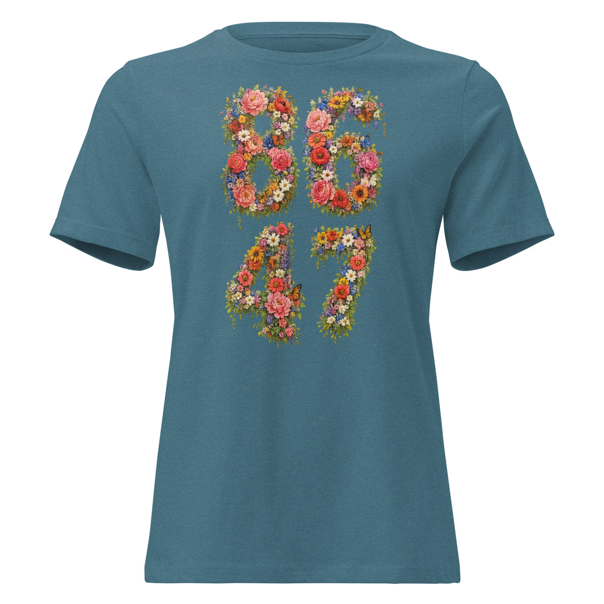 8647 Flowers women’s relaxed tee in Heather Deep Teal, front view