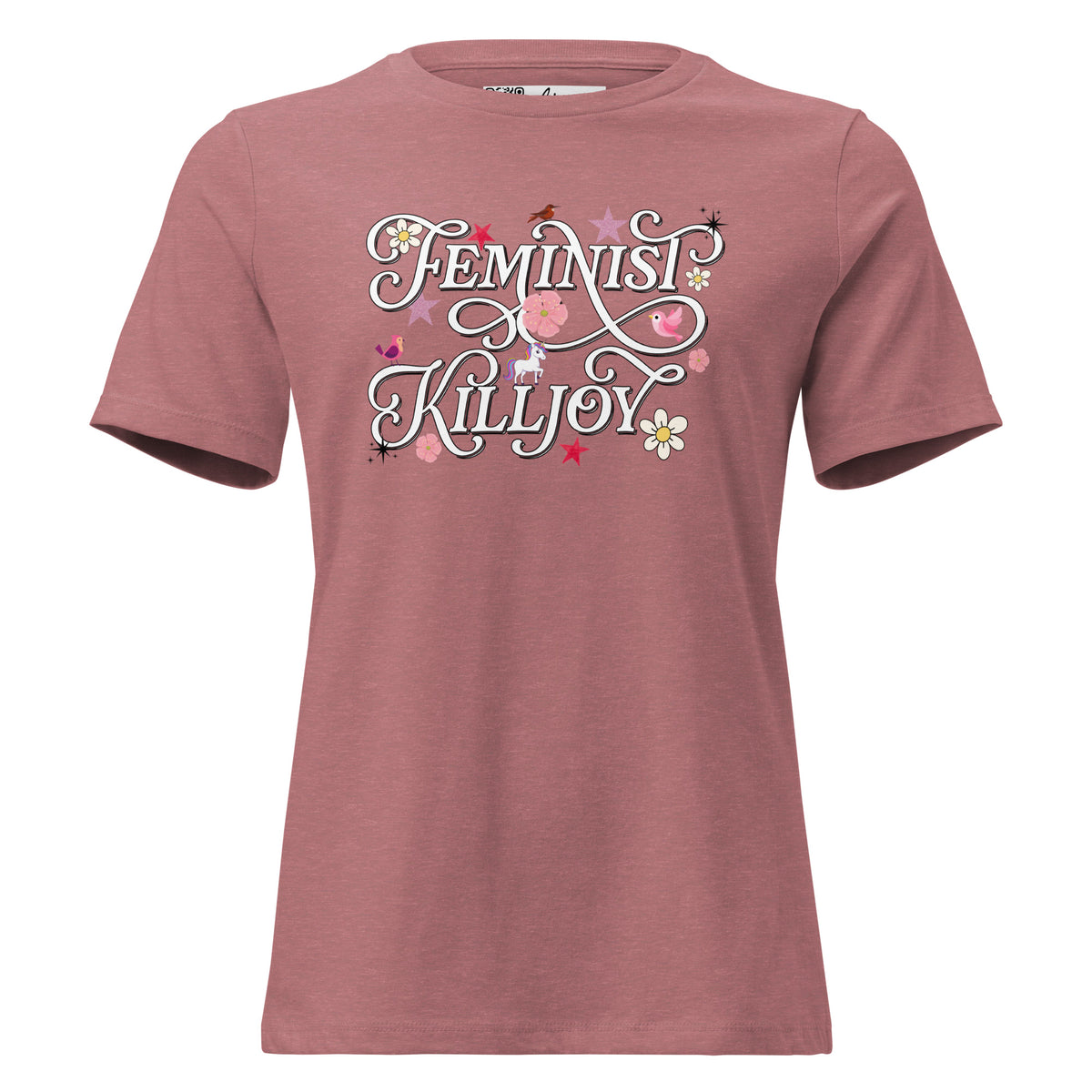 Feminist Killjoy women’s relaxed tee in Heather Mauve, front view
