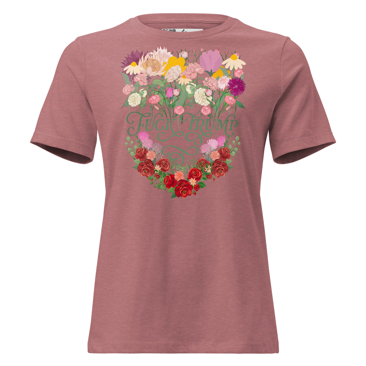 Fuck Trump Flowers women’s relaxed tee in Heather Mauve, front view