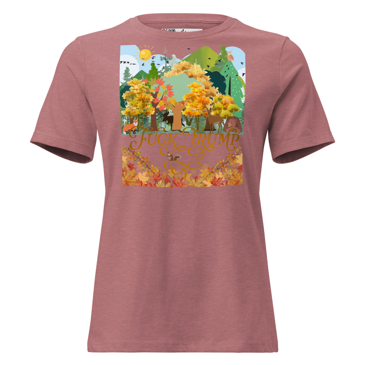Fuck Trump Forest women’s relaxed tee in Heather Mauve, front view
