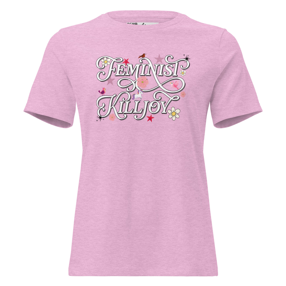 Feminist Killjoy women’s relaxed tee in Heather Prism Lilac, front view