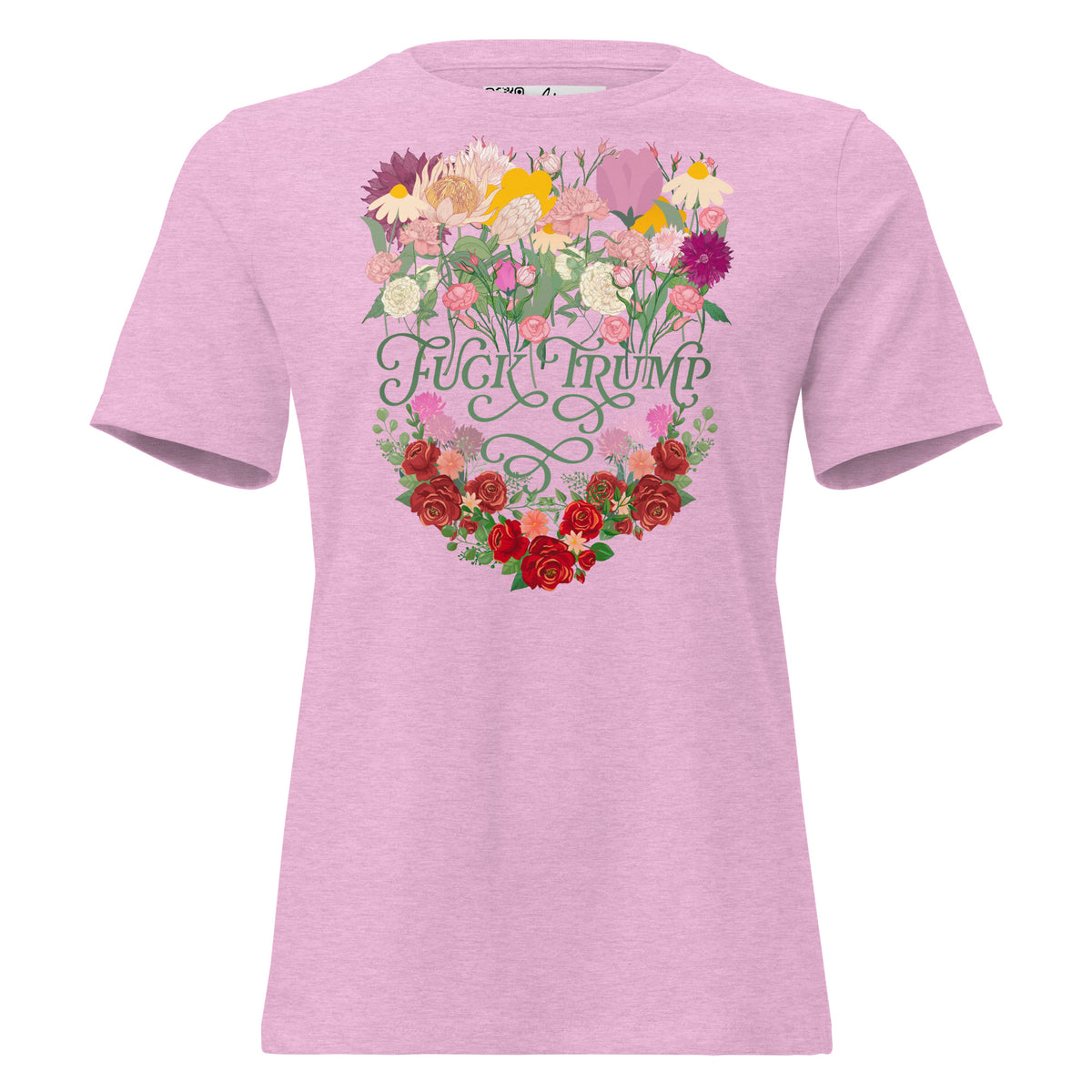 Fuck Trump Flowers women’s relaxed tee in Heather Prism Lilac, front view