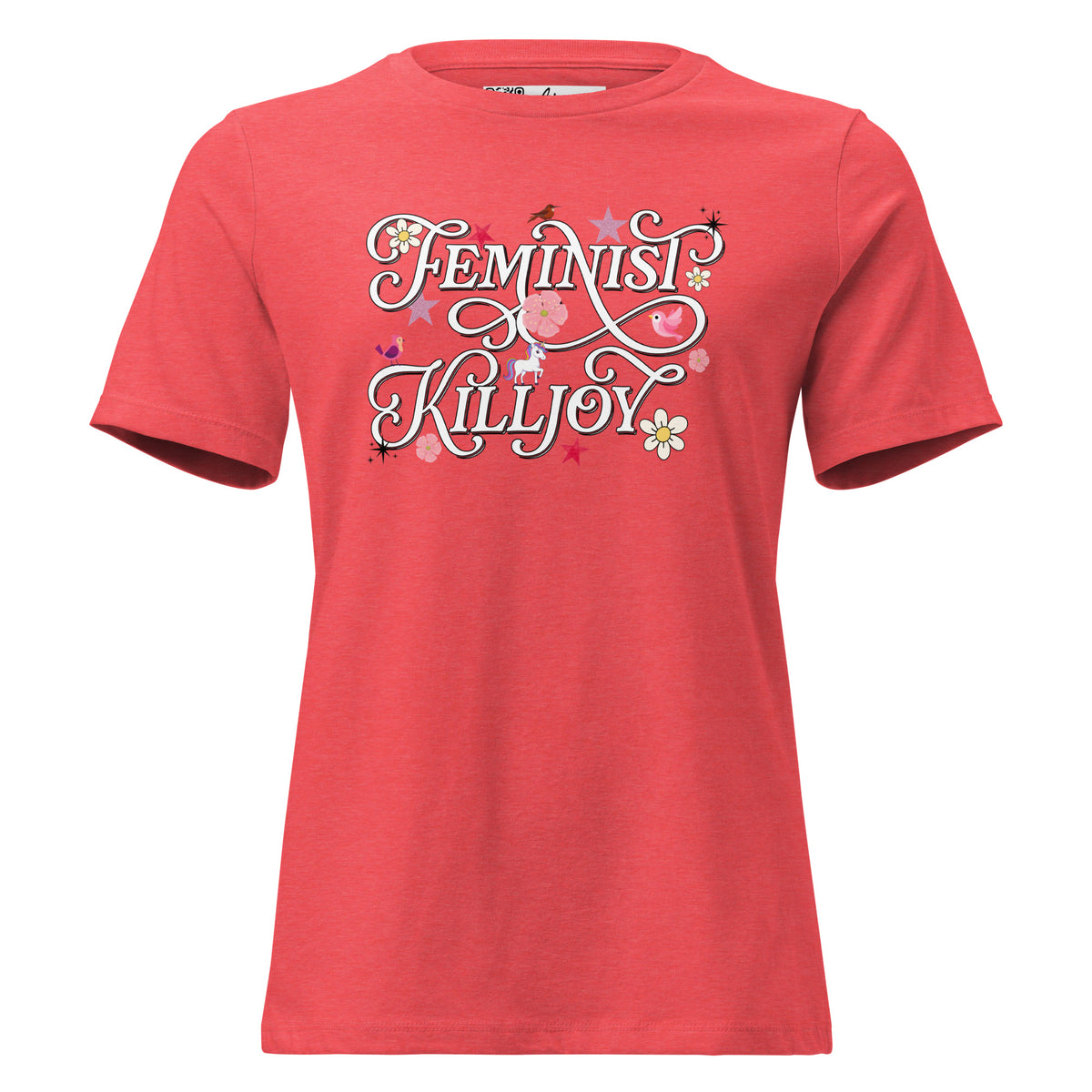 Feminist Killjoy women’s relaxed tee in Heather Red, front view