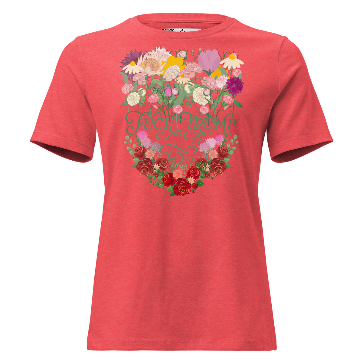 Fuck Trump Flowers women’s relaxed tee in Heather Red, front view