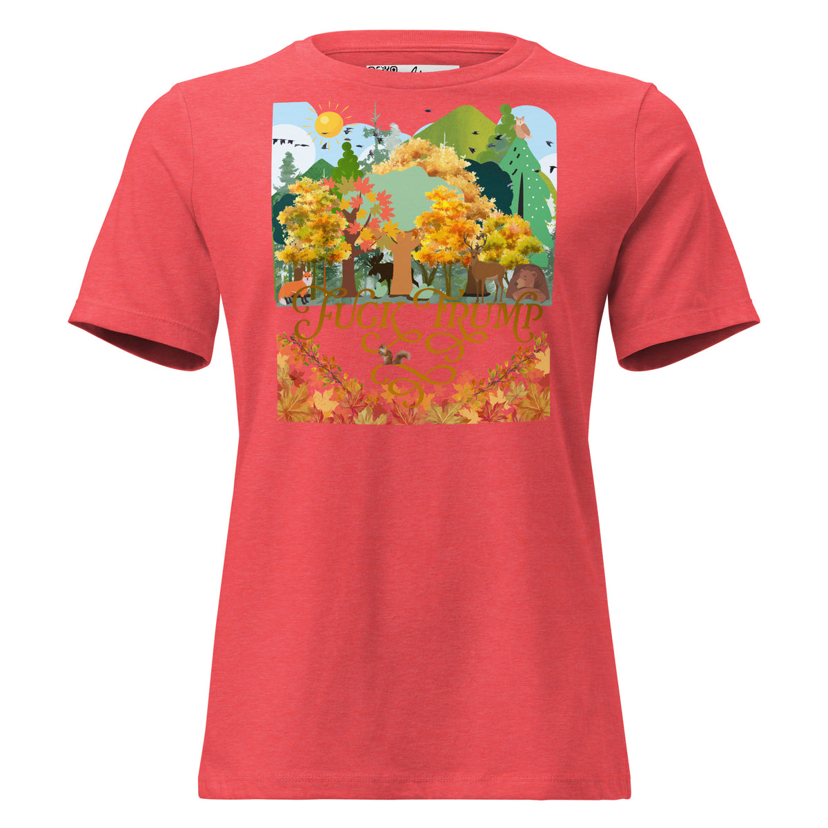 Fuck Trump Forest women’s relaxed tee in Heather Red, front view
