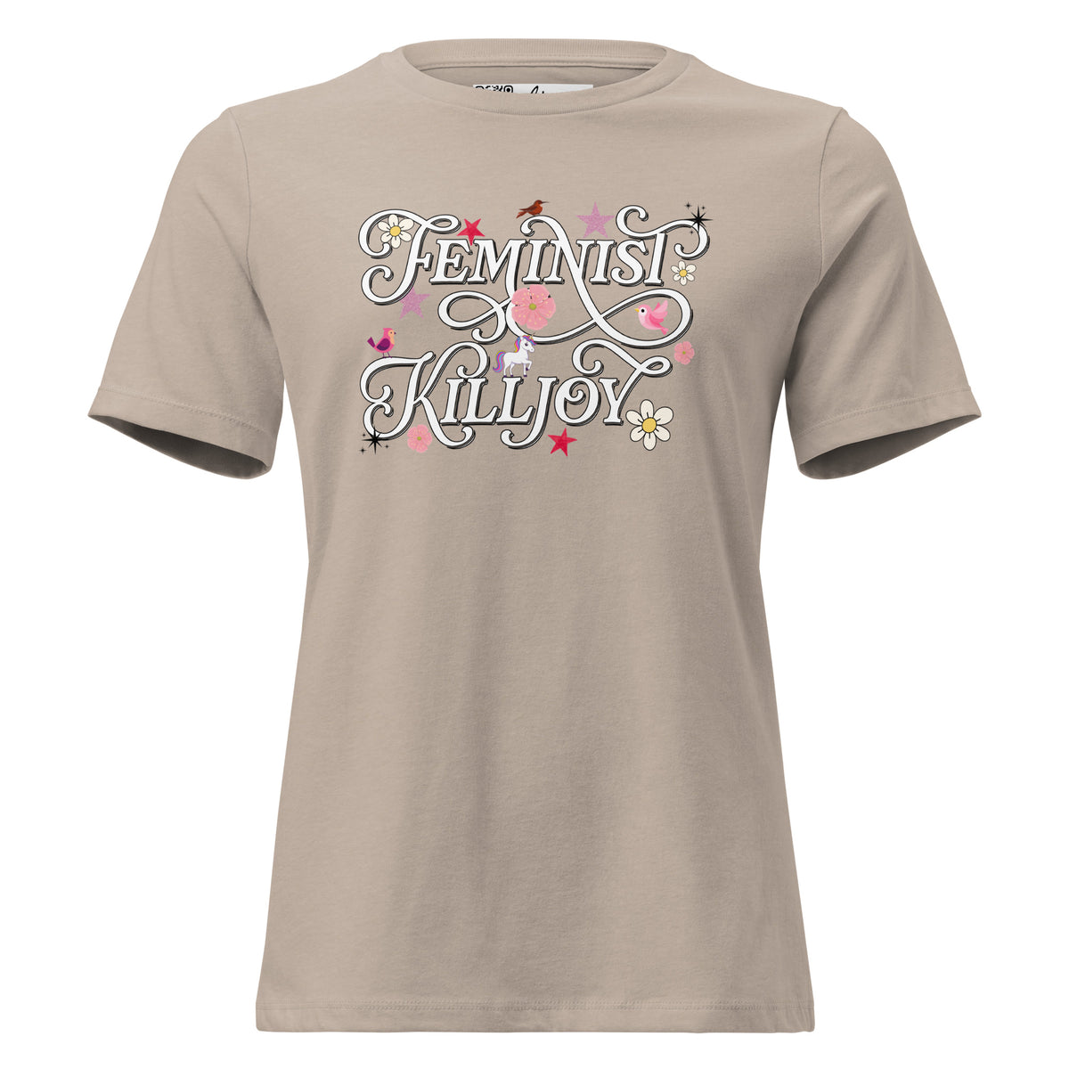 Feminist Killjoy women’s relaxed tee in Heather Stone, front view