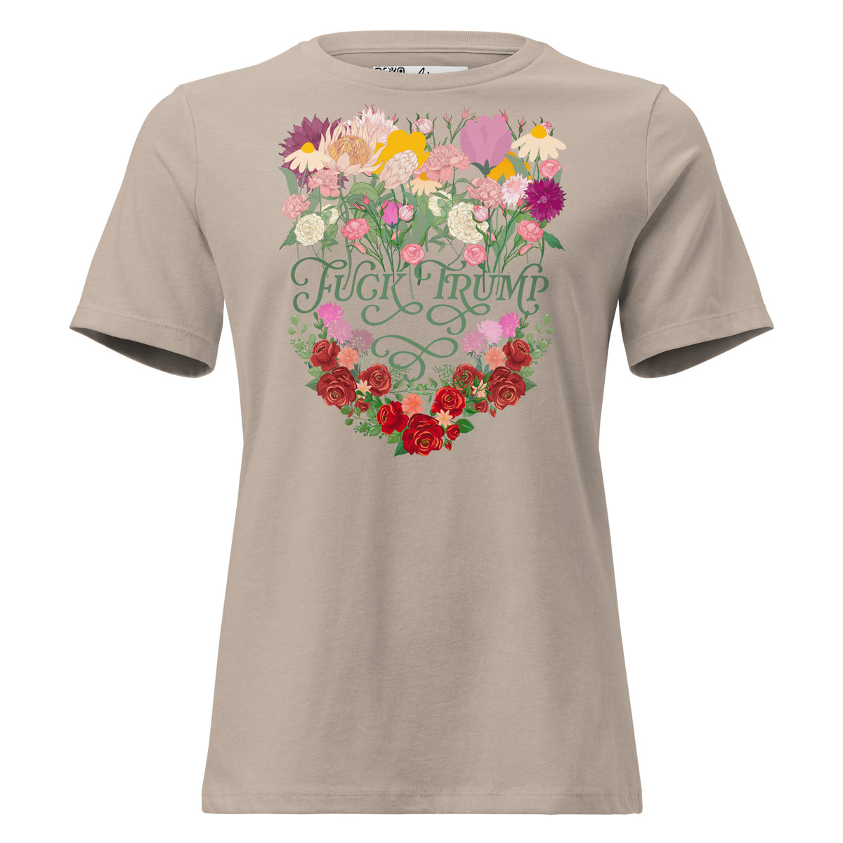 Fuck Trump Flowers women’s relaxed tee in Heather Stone, front view