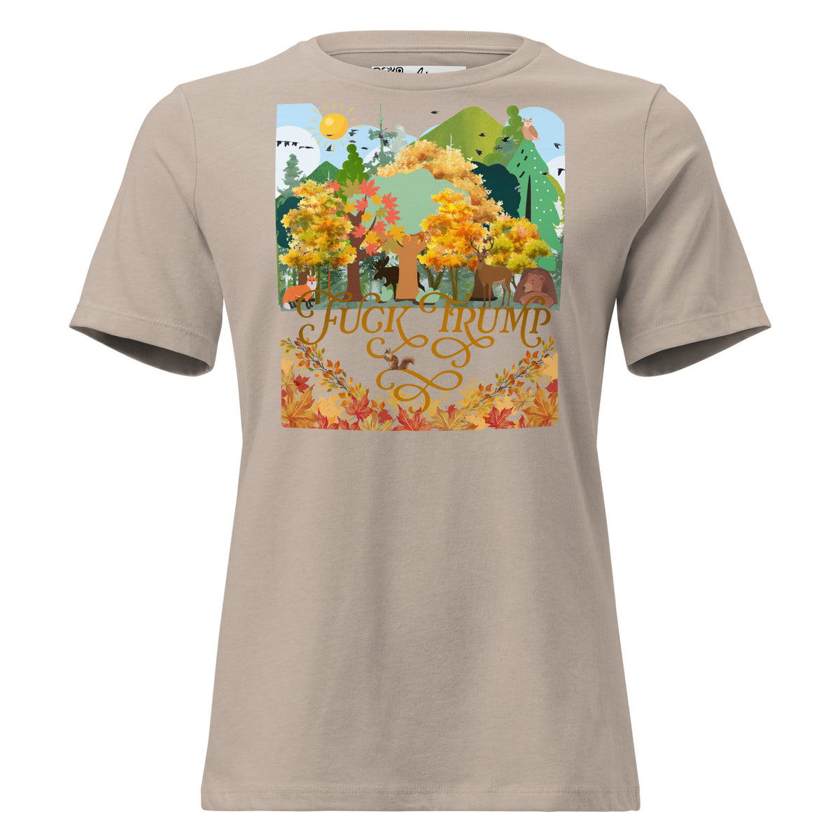 Fuck Trump Forest women’s relaxed tee in Heather Stone, front view
