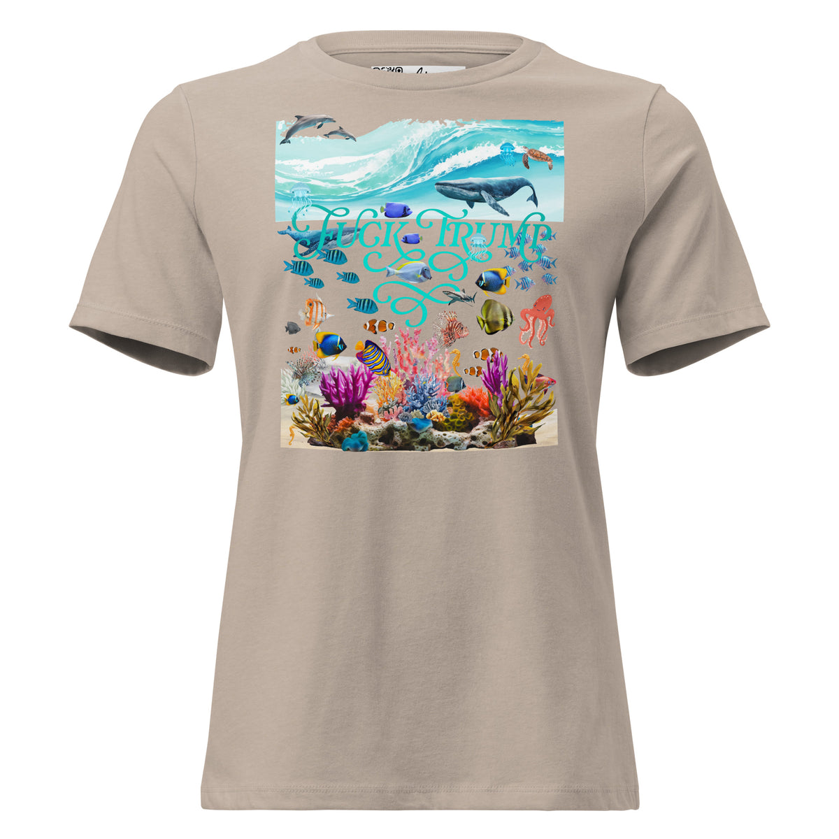 Fuck Trump Ocean women’s relaxed tee in Heather Stone, front view