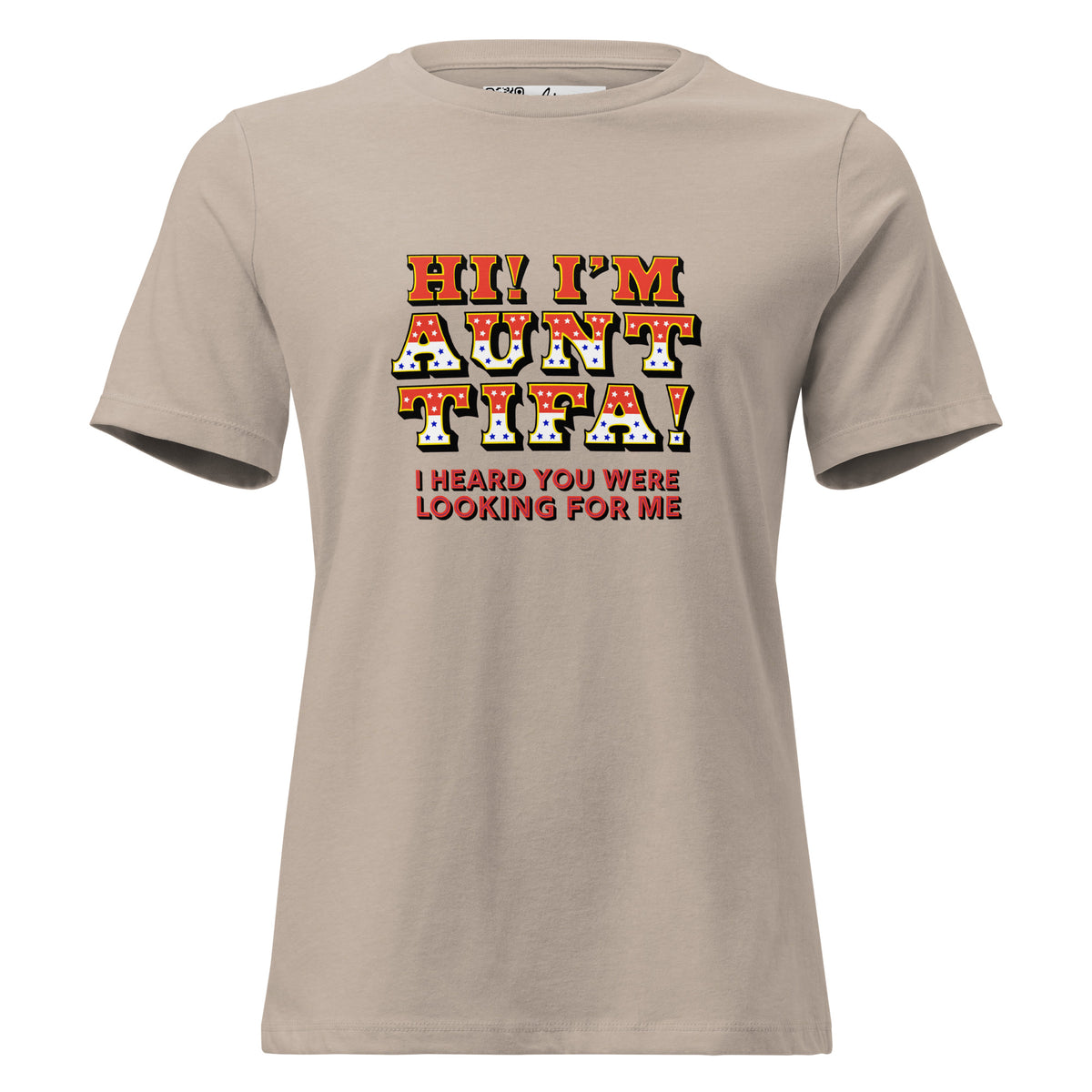 Hi! I’m Aunt Tifa! women’s relaxed tee in Heather Stone, front view