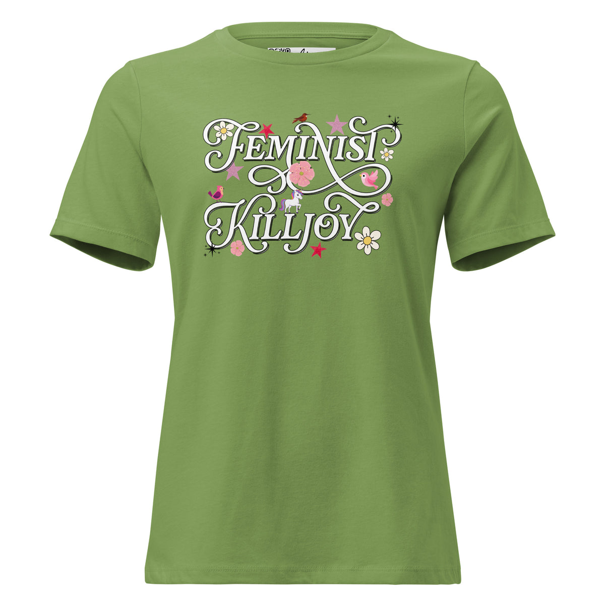 Feminist Killjoy women’s relaxed tee in Leaf, front view