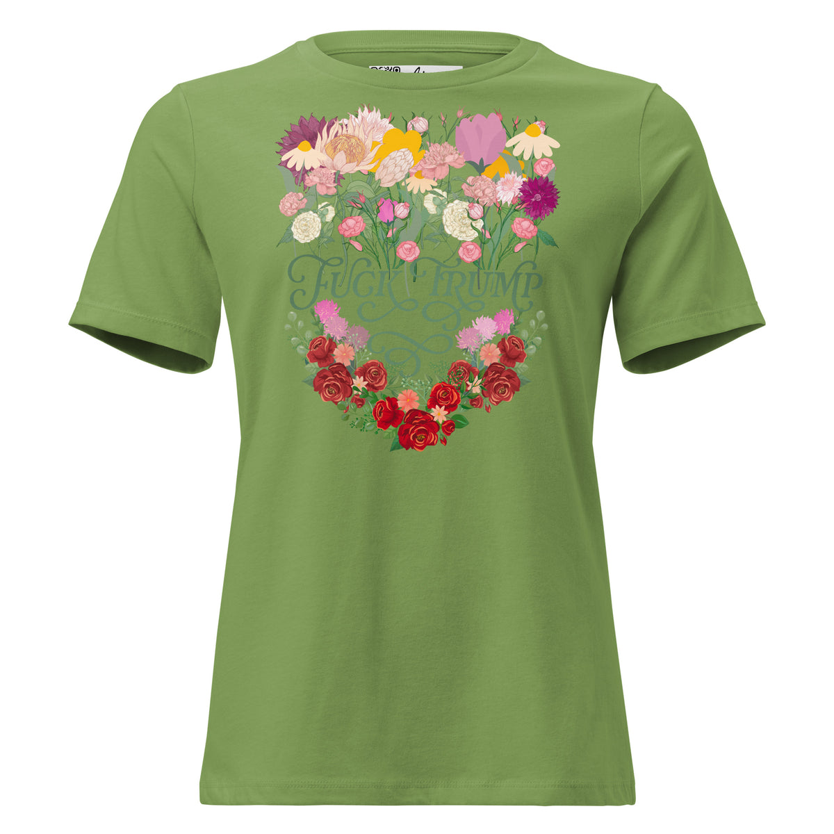 Fuck Trump Flowers women’s relaxed tee in Leaf, front view