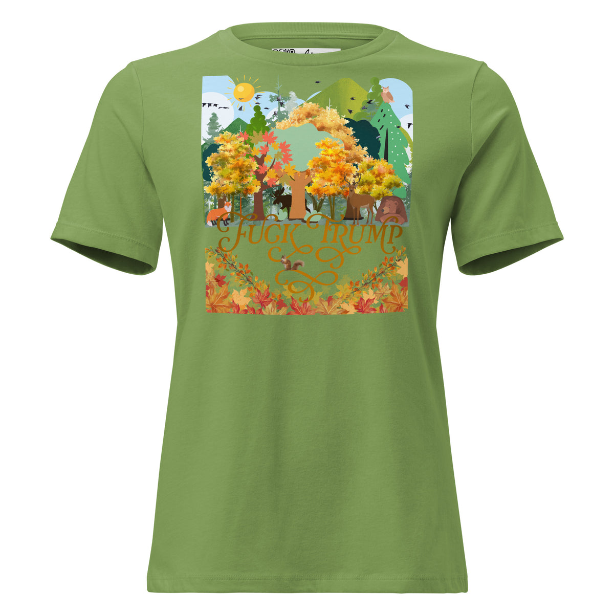 Fuck Trump Forest women’s relaxed tee in Leaf, front view