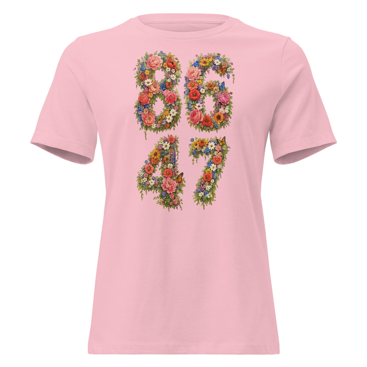 8647 Flowers women’s relaxed tee in Pink, front view
