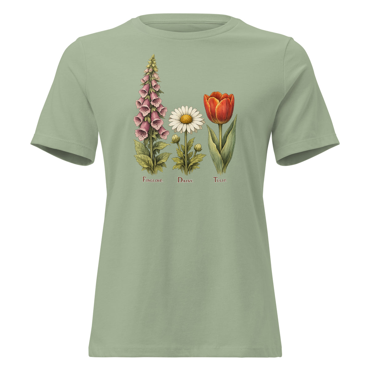 F.D.T. Botanical Study women’s relaxed tee in Sage, front view