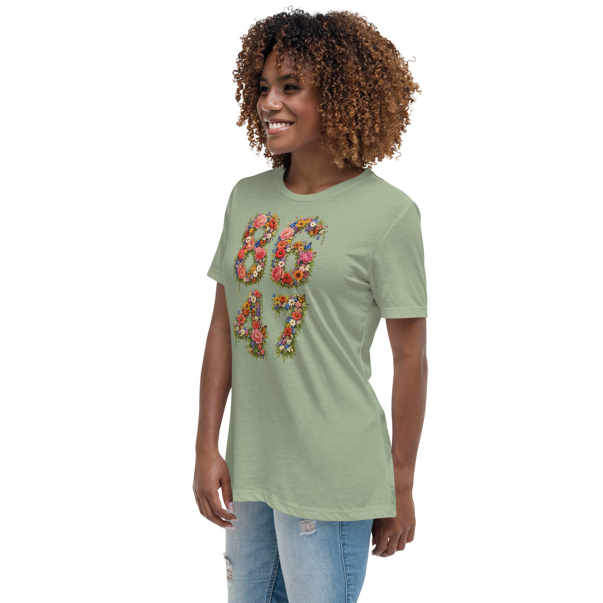 8647 Flowers women’s relaxed tee in Sage, left front view